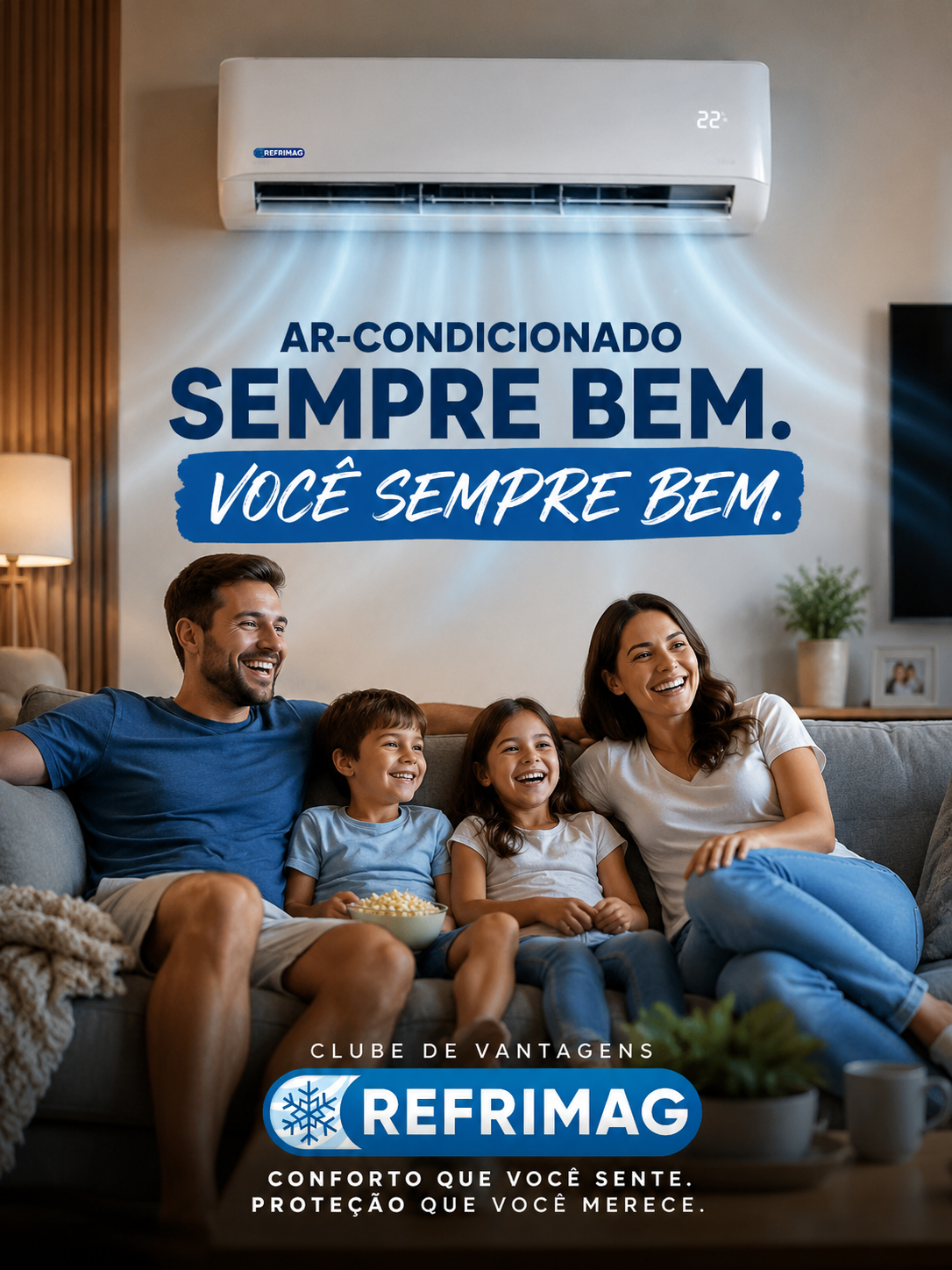 Família tranquila com o ar-condicionado funcionando bem em casa